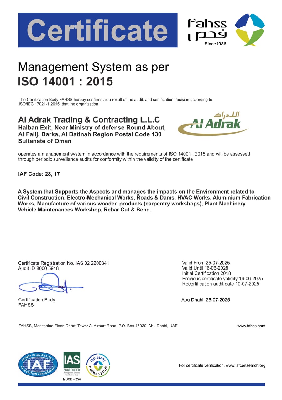 ISO 14001:2015 certificate issued to Al Adrak Trading & Contracting Co LLC
